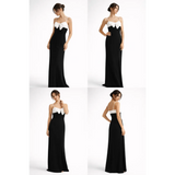 Black & White Bow Maxi Dress – Elegant Contrast Evening Gown - Women’s Dress