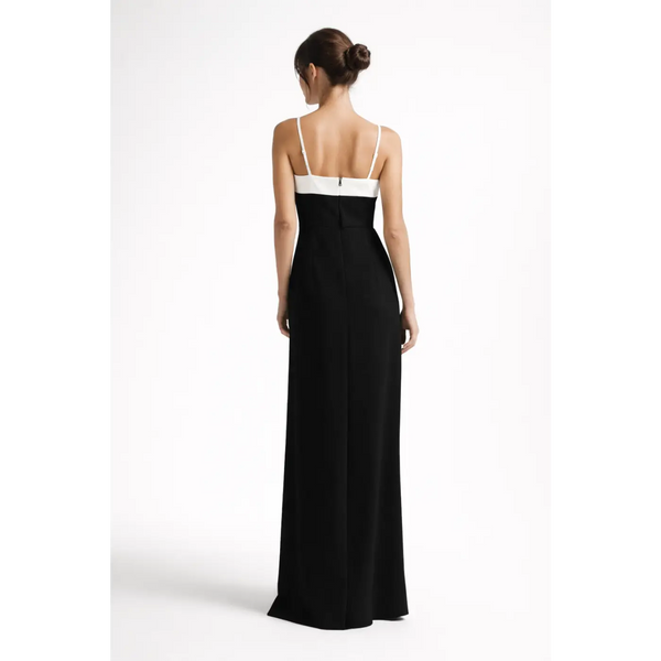 Black & White Bow Maxi Dress – Elegant Contrast Evening Gown - Women’s Dress
