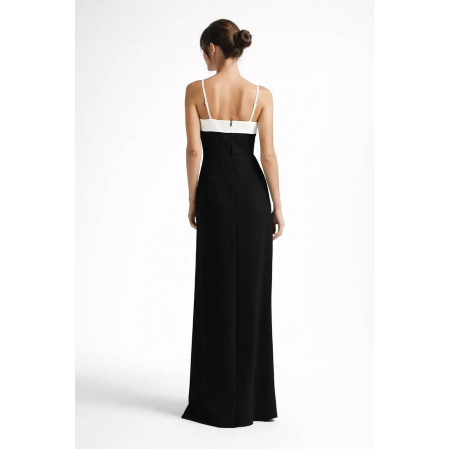 Black & White Bow Maxi Dress – Elegant Contrast Evening Gown - Women’s Dress