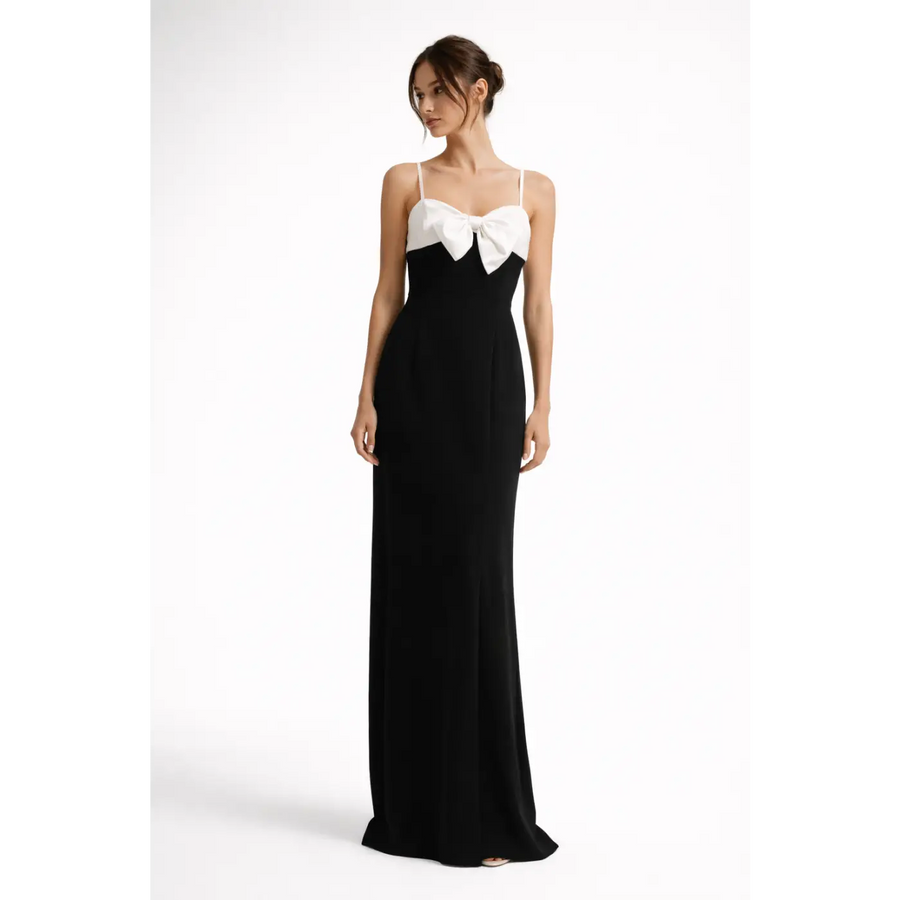 Black & White Bow Maxi Dress – Elegant Contrast Evening Gown - Women’s Dress