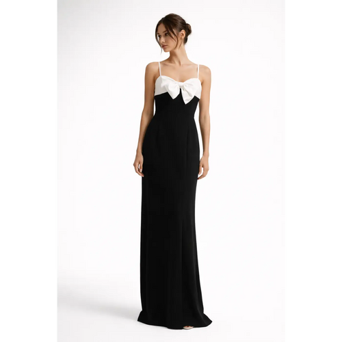 Black & White Bow Maxi Dress – Elegant Contrast Evening Gown - Women’s Dress