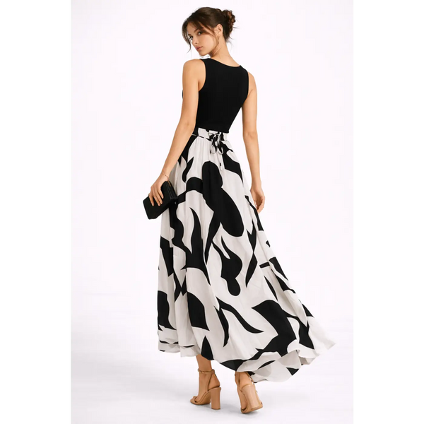 Black & White Maxi Dress – Sleeveless Top with Flowing Printed Skirt - Women’s Dress