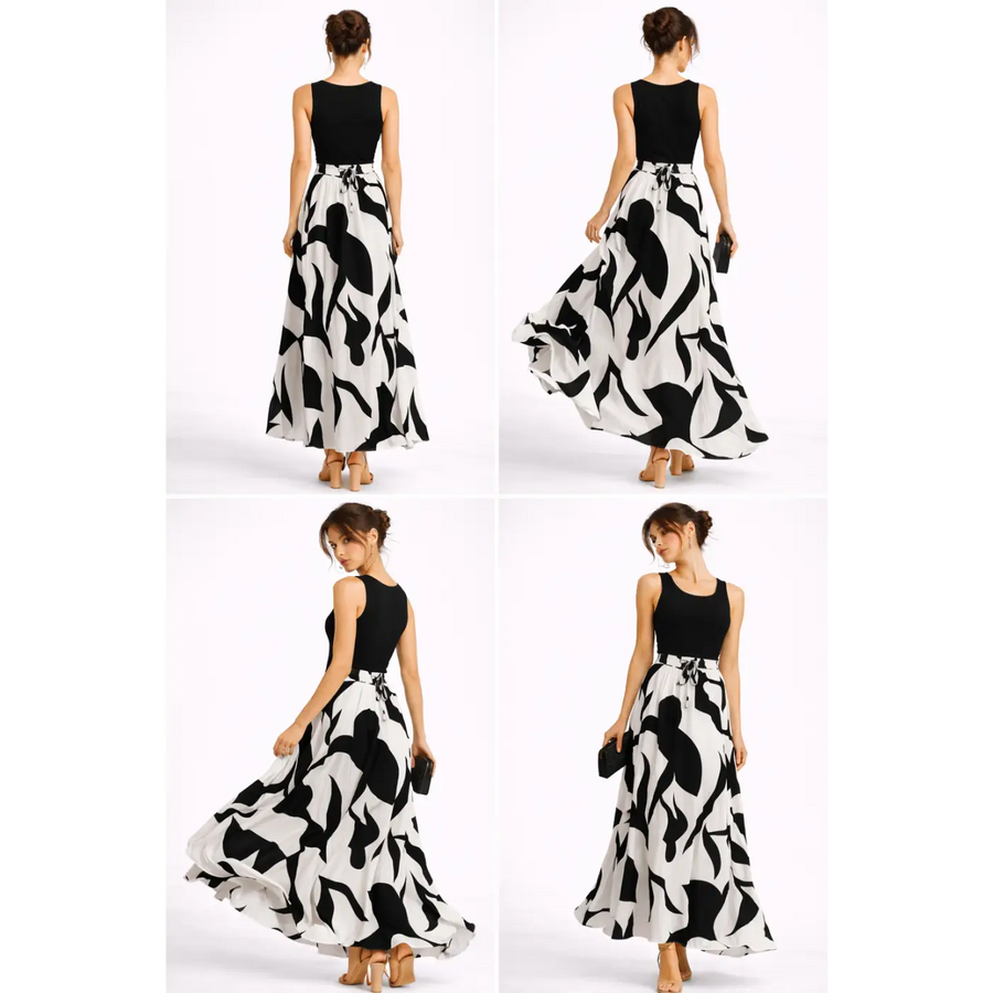 Black & White Maxi Dress – Sleeveless Top with Flowing Printed Skirt - Women’s Dress