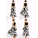 Black & White Maxi Dress – Sleeveless Top with Flowing Printed Skirt - Women’s Dress