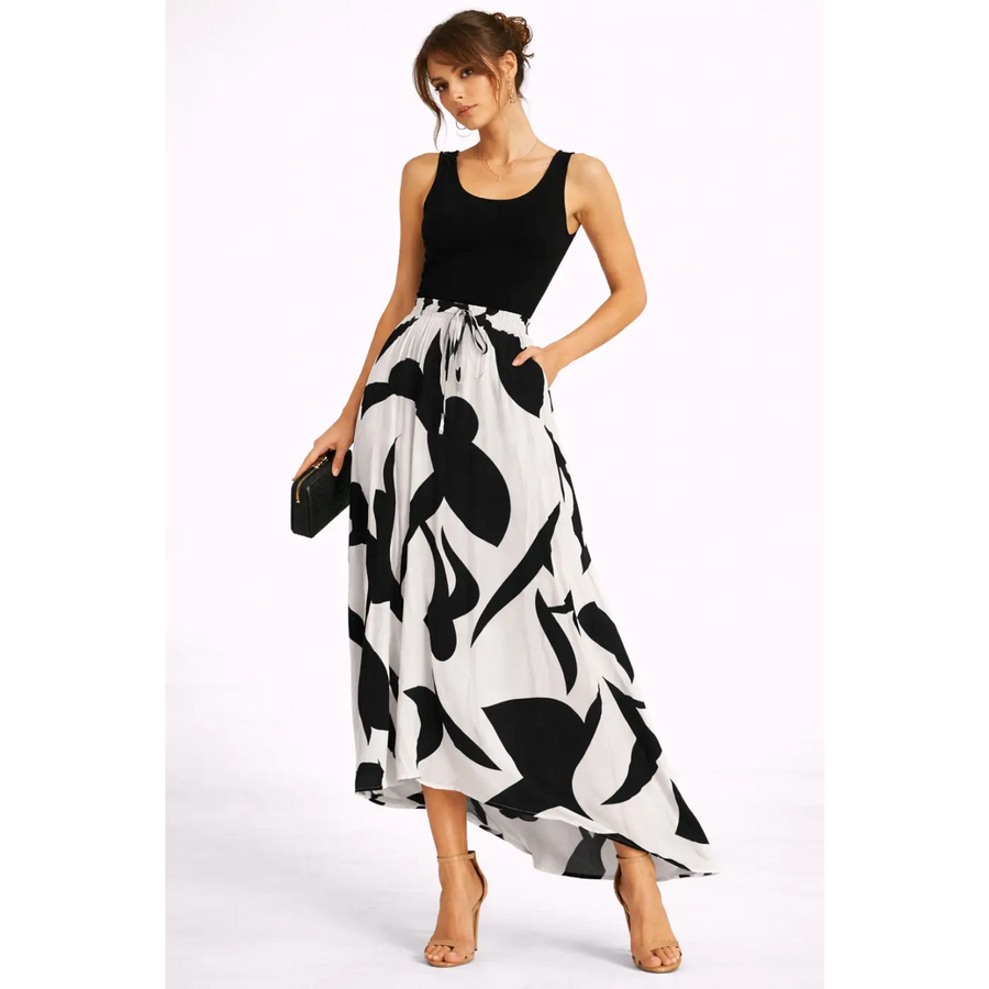 Black & White Maxi Dress – Sleeveless Top with Flowing Printed Skirt - Women’s Dress