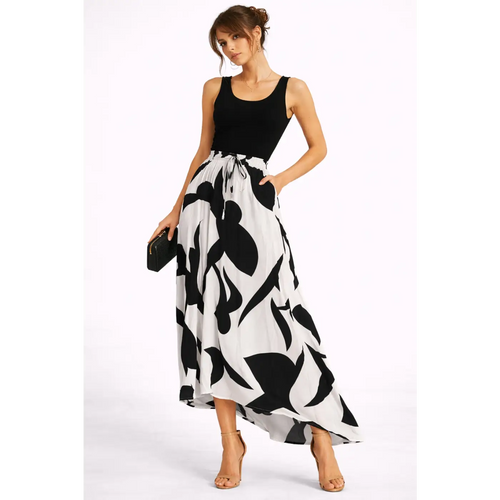 Black & White Maxi Dress – Sleeveless Top with Flowing Printed Skirt - Women’s Dress