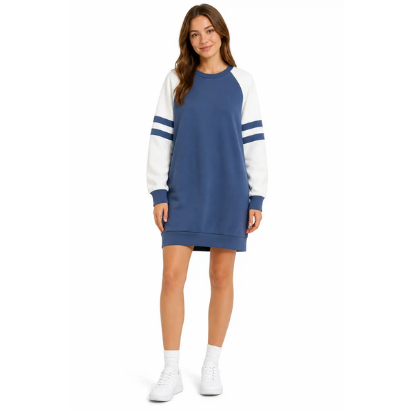 Blue & White Colorblock Raglan Sweatshirt Dress – Casual Long Sleeve Mini Dress