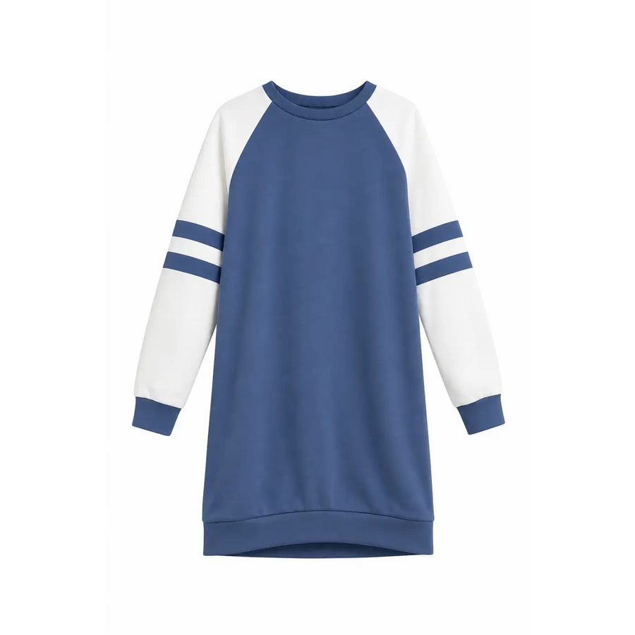 Blue & White Colorblock Raglan Sweatshirt Dress – Casual Long Sleeve Mini Dress