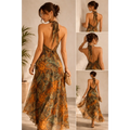Bohemian Halter Maxi Dress – Backless Sun & Moon Print Flowing Dress - Women’s Dress