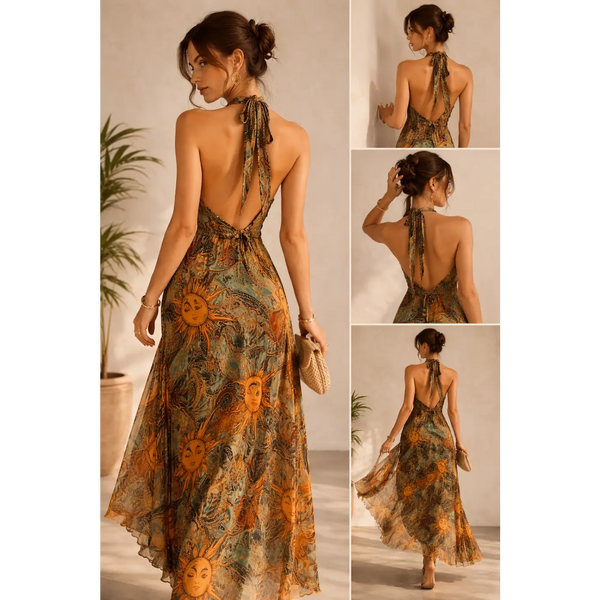 Bohemian Halter Maxi Dress – Backless Sun & Moon Print Flowing Dress - Women’s Dress