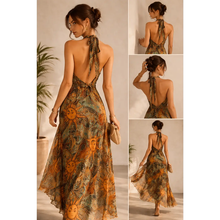 Bohemian Halter Maxi Dress – Backless Sun & Moon Print Flowing Dress - Women’s Dress