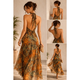 Bohemian Halter Maxi Dress – Backless Sun & Moon Print Flowing Dress - Women’s Dress