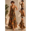 Bohemian Halter Maxi Dress – Backless Sun & Moon Print Flowing Dress - Women’s Dress