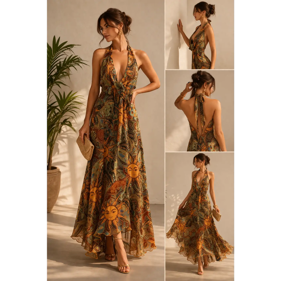 Bohemian Halter Maxi Dress – Backless Sun & Moon Print Flowing Dress - Women’s Dress