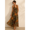 Bohemian Halter Maxi Dress – Backless Sun & Moon Print Flowing Dress - Women’s Dress