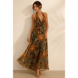 Bohemian Halter Maxi Dress – Backless Sun & Moon Print Flowing Dress - Women’s Dress