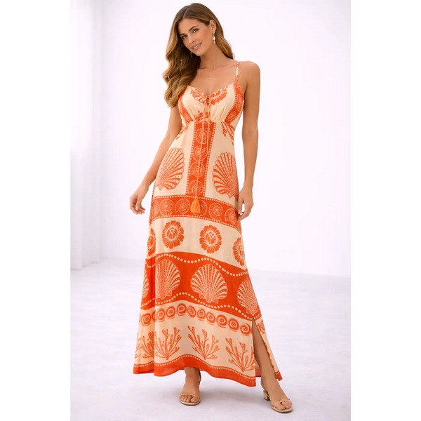 Bohemian Orange Print Maxi Dress – Spaghetti Strap Beach Style Dress - Women’s Dress