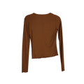 Brown Ribbed Long Sleeve Henley Top – Fitted Button Front Crop Tee