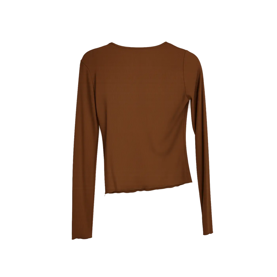 Brown Ribbed Long Sleeve Henley Top – Fitted Button Front Crop Tee