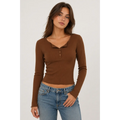 Brown Ribbed Long Sleeve Henley Top – Fitted Button Front Crop Tee