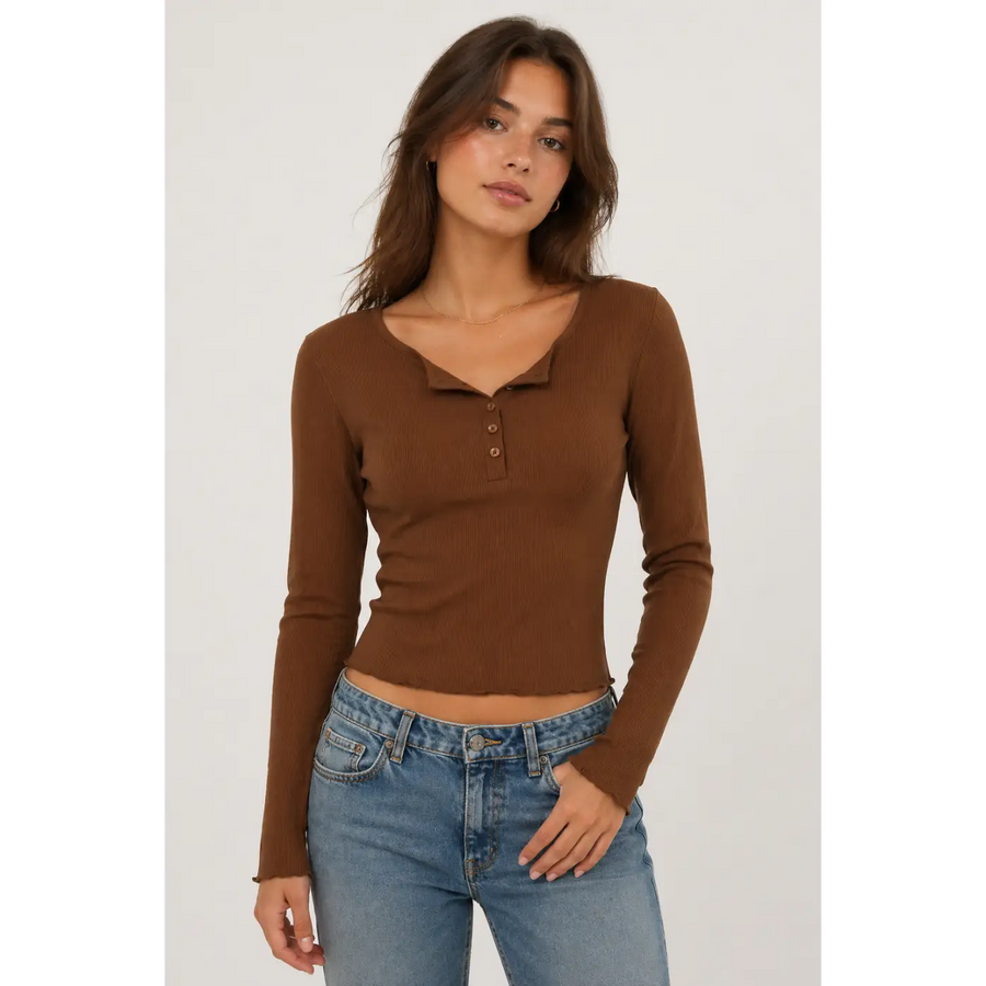 Brown Ribbed Long Sleeve Henley Top – Fitted Button Front Crop Tee
