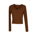 Brown Ribbed Long Sleeve Henley Top – Fitted Button Front Crop Tee