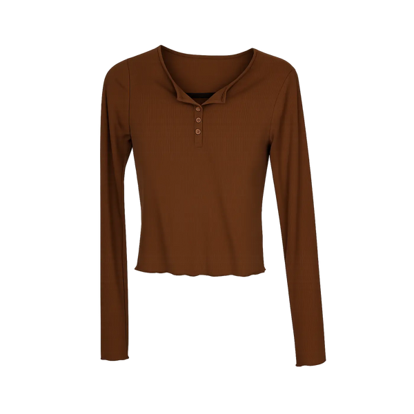 Brown Ribbed Long Sleeve Henley Top – Fitted Button Front Crop Tee