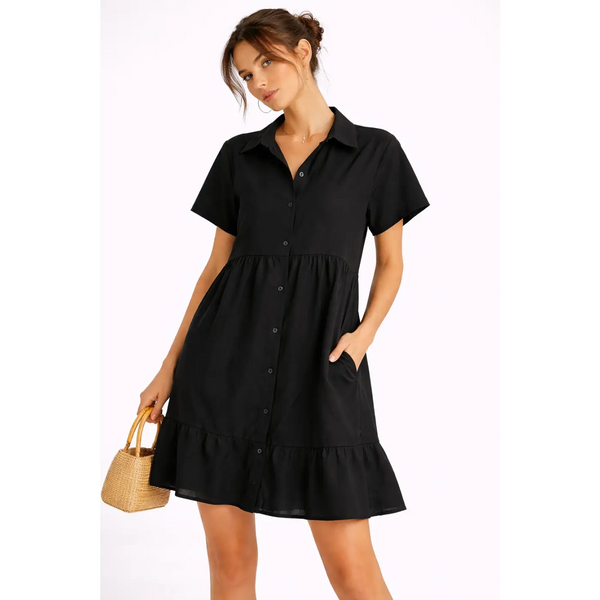 Casual Tiered Shirt Dress – Black Button-Up Mini Dress - Women’s Dress