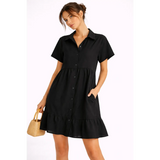 Casual Tiered Shirt Dress – Black Button-Up Mini Dress - Women’s Dress