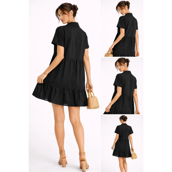 Casual Tiered Shirt Dress – Black Button-Up Mini Dress - Women’s Dress