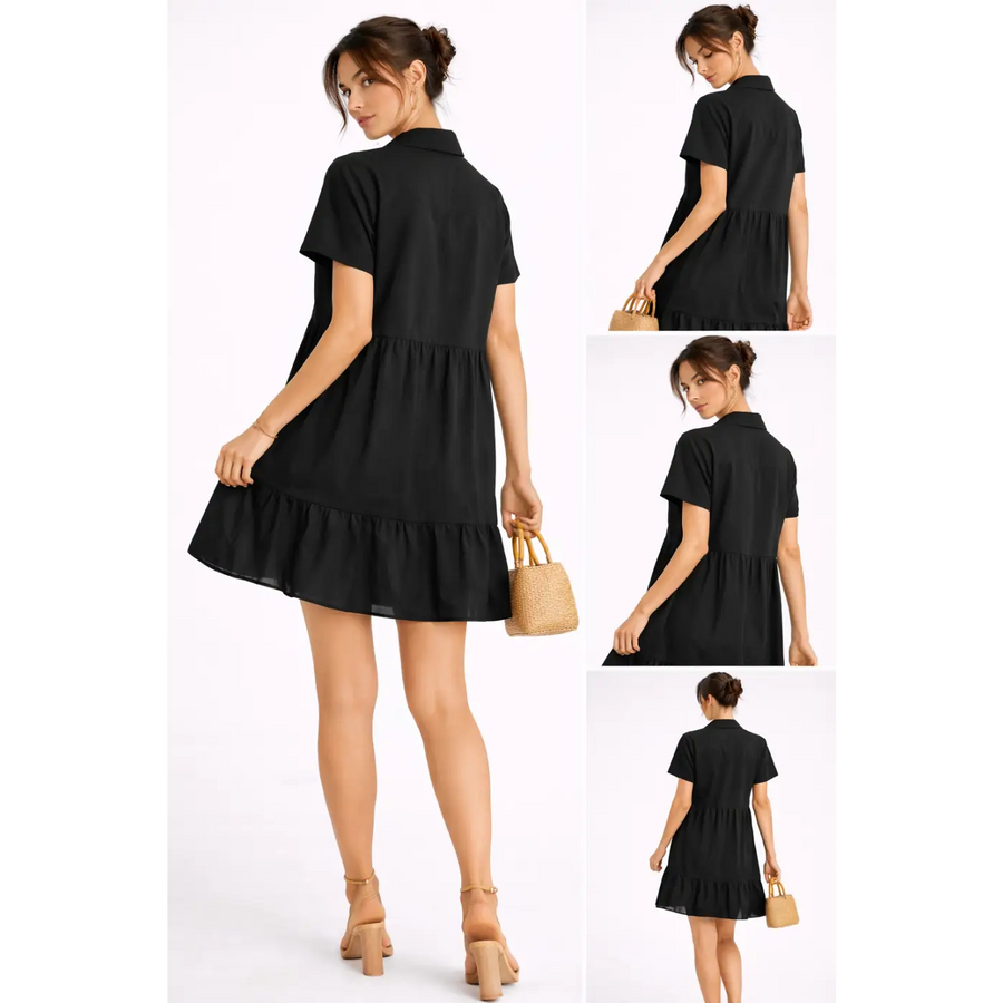 Casual Tiered Shirt Dress – Black Button-Up Mini Dress - Women’s Dress