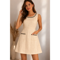 Chic Beige Tweed Mini Dress – Sleeveless A-Line with Pocket Detail