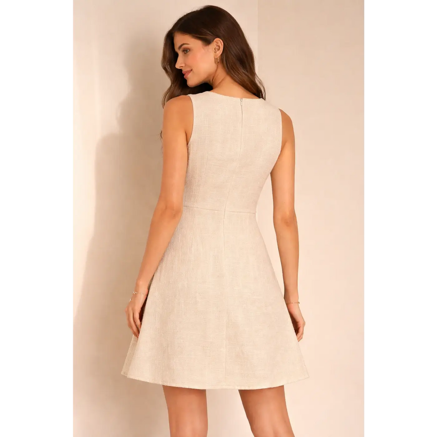 Chic Beige Tweed Mini Dress – Sleeveless A-Line with Pocket Detail
