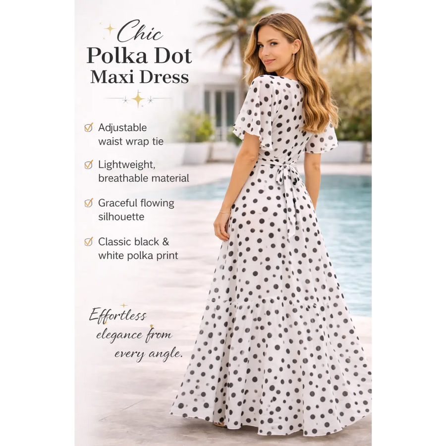 Chic Polka Dot Wrap Maxi Dress – Black & White Elegant Summer Dress - Women’s Dress