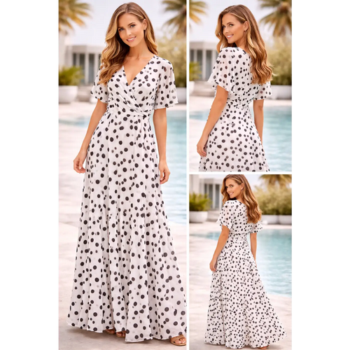 Chic Polka Dot Wrap Maxi Dress – Black & White Elegant Summer Dress - Women’s Dress