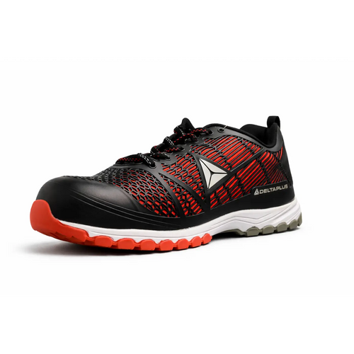 DeltaPlus Sportline safety sneakers in black and red mesh upper with white logo and orange sole, lightweight protective work shoes