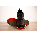 Black and red deltaplus sportline safety sneakers with mesh upper, rubber sole, and reinforced toe cap lightweight protective work shoes