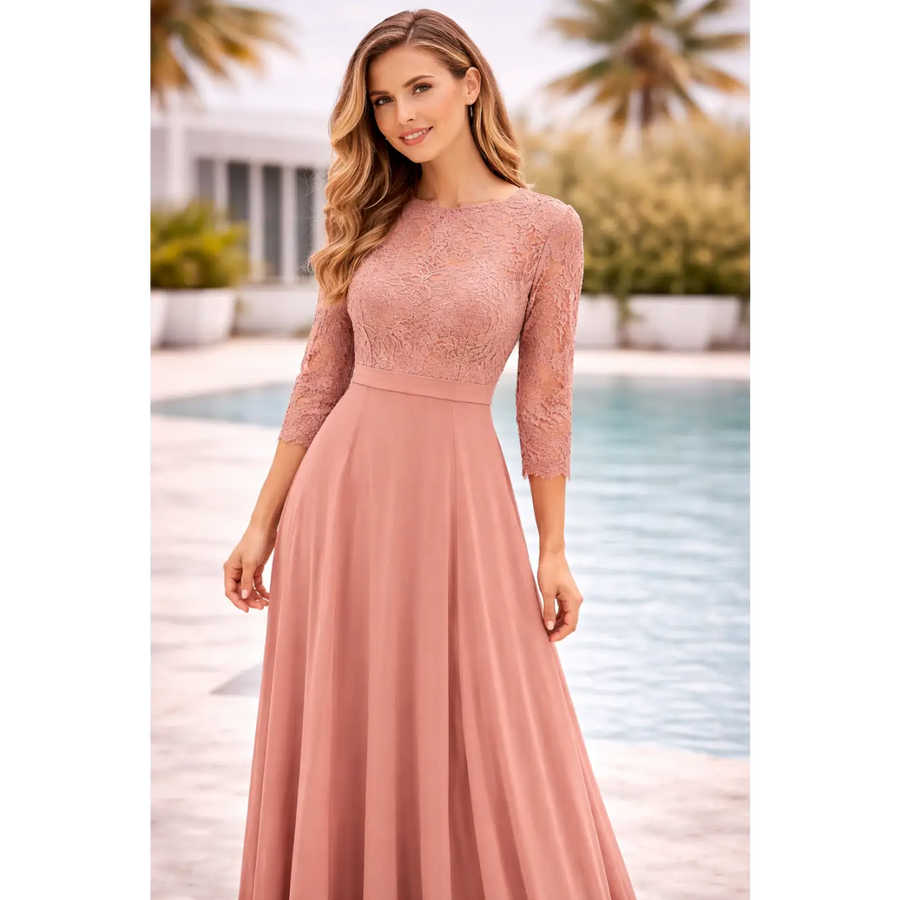 Dusty Rose Lace Bodice Maxi Dress – Elegant Long Sleeve Evening Dress - Women’s Dress