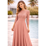Dusty Rose Lace Bodice Maxi Dress – Elegant Long Sleeve Evening Dress - Women’s Dress