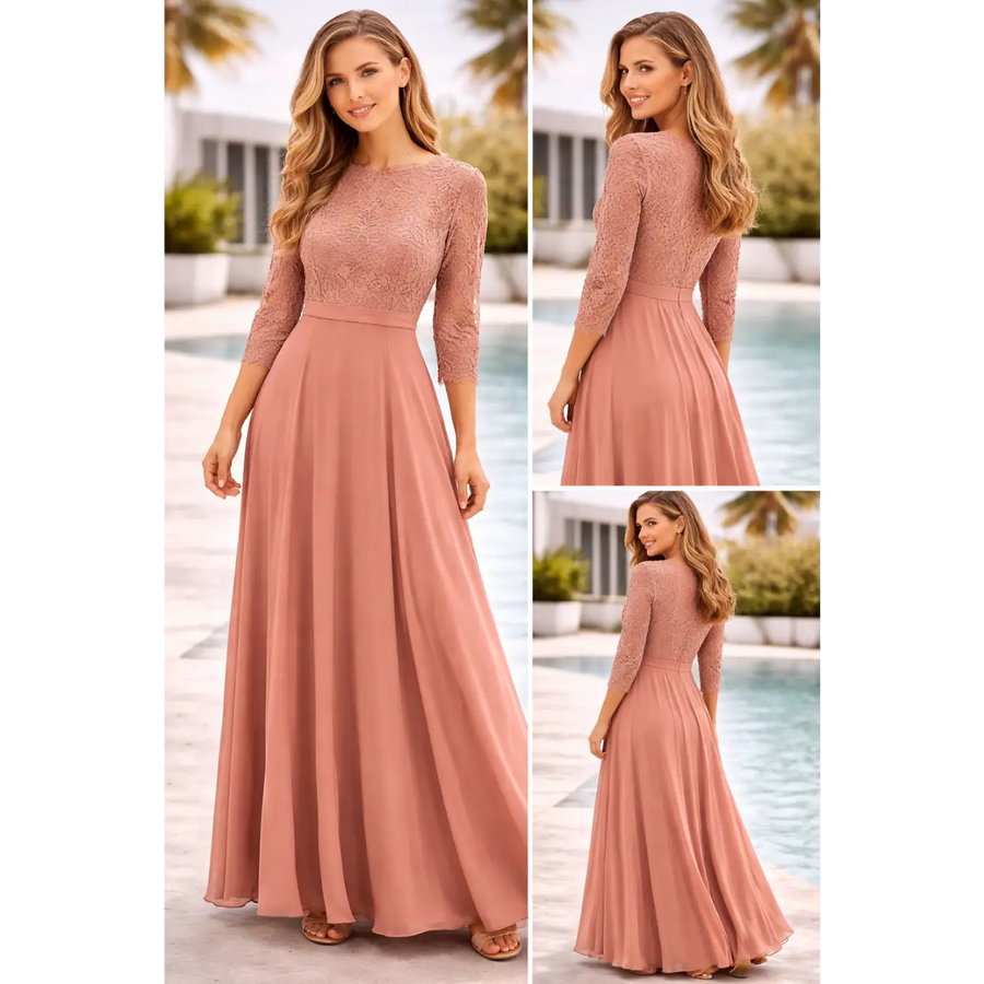 Dusty Rose Lace Bodice Maxi Dress – Elegant Long Sleeve Evening Dress - Women’s Dress