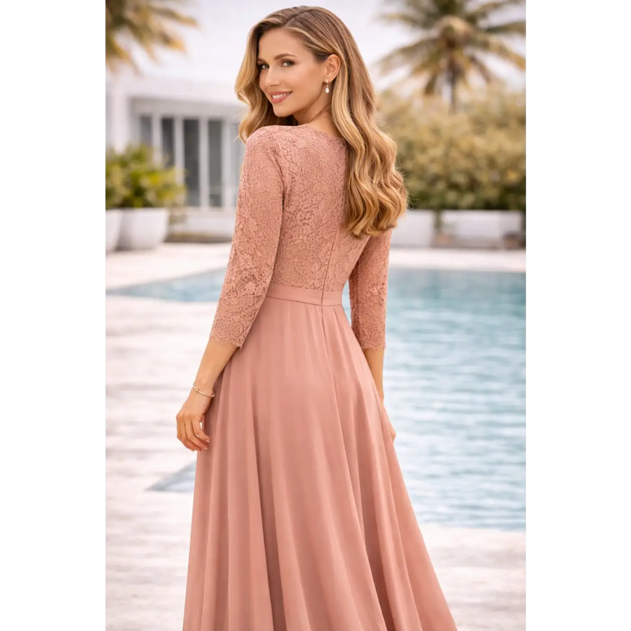 Dusty Rose Lace Bodice Maxi Dress – Elegant Long Sleeve Evening Dress - Women’s Dress