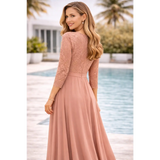 Dusty Rose Lace Bodice Maxi Dress – Elegant Long Sleeve Evening Dress - Women’s Dress