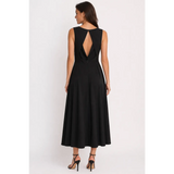 Elegant Black Midi Dress – Sleeveless Open Back A-Line Dress - Women’s Dress