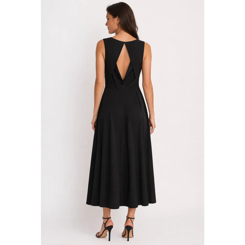 Elegant Black Midi Dress – Sleeveless Open Back A-Line Dress - Women’s Dress