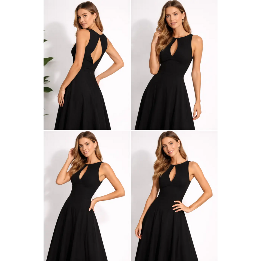 Elegant Black Midi Dress – Sleeveless Open Back A-Line Dress - Women’s Dress