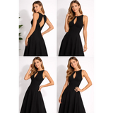 Elegant Black Midi Dress – Sleeveless Open Back A-Line Dress - Women’s Dress