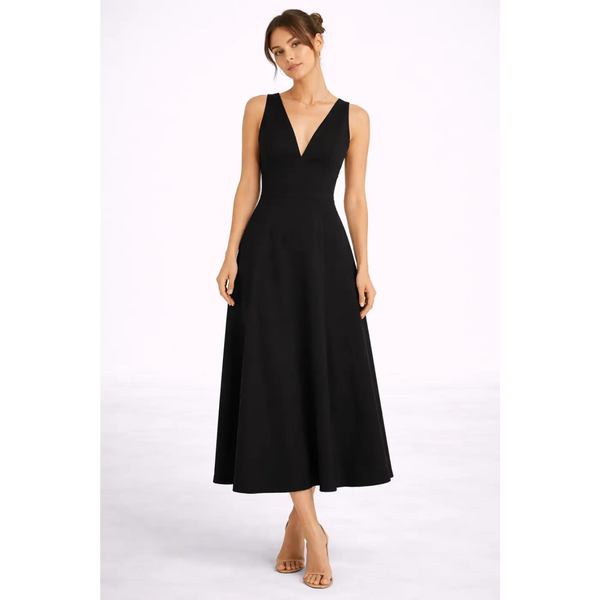 Elegant Black Midi Dress – Sleeveless Open Back A-Line Dress - Women’s Dress