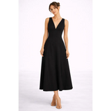 Elegant Black Midi Dress – Sleeveless Open Back A-Line Dress - Women’s Dress