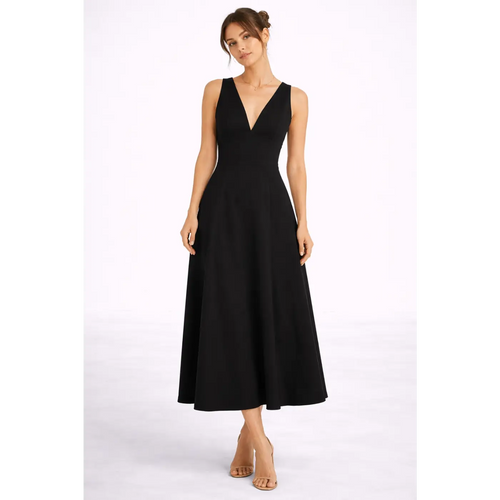 Elegant Black Midi Dress – Sleeveless Open Back A-Line Dress - Women’s Dress