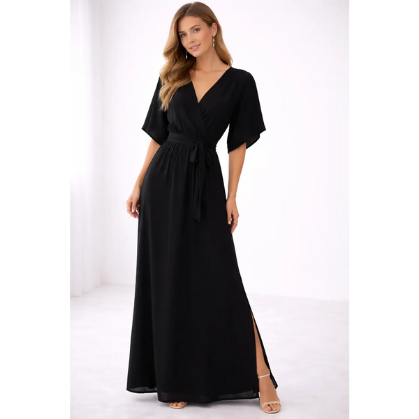 Elegant Black Wrap Maxi Dress – Short Sleeve Tie Waist Flowing Gown - Women’s Dress